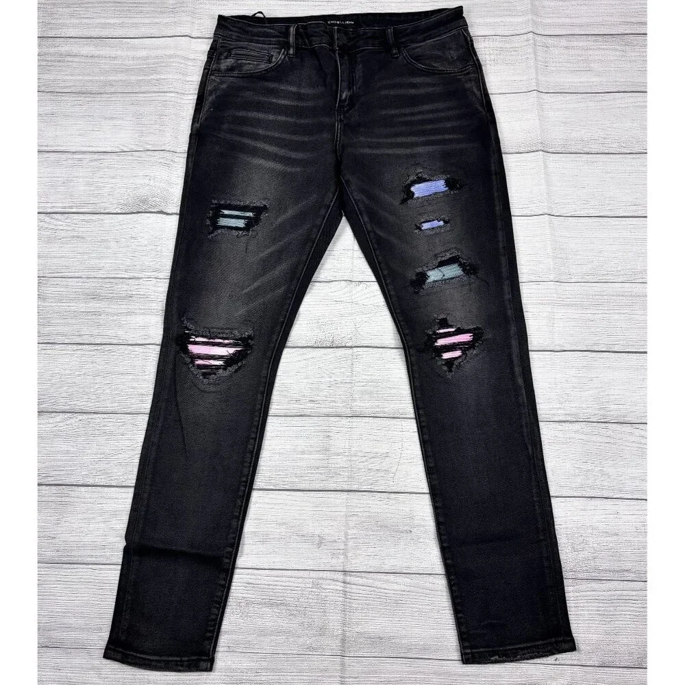 Embellish Mens Black Distressed Skinny Jeans With Colorful Patches Size 34 - Picture 1 of 16